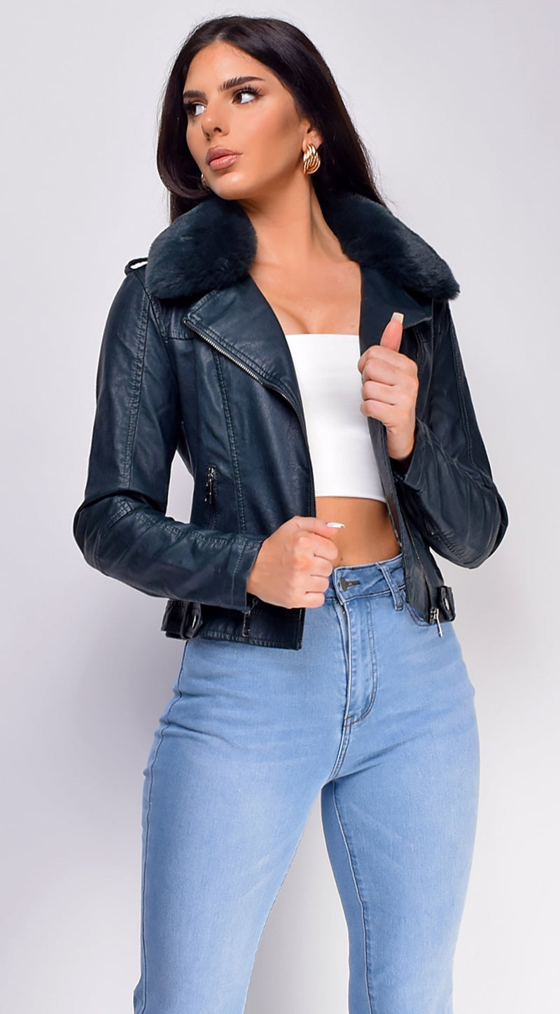 Maine Fur Leather Biker Jacket - Green